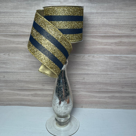4"X10YD VERT GLITTER STRIPE/FUSED Navy Gold
