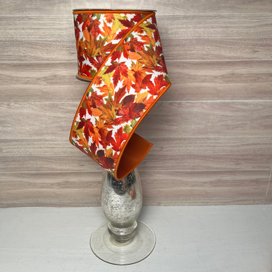 4"X10YD FALL LEAVES/FUSED-Ivory Red Orange Yellow Green