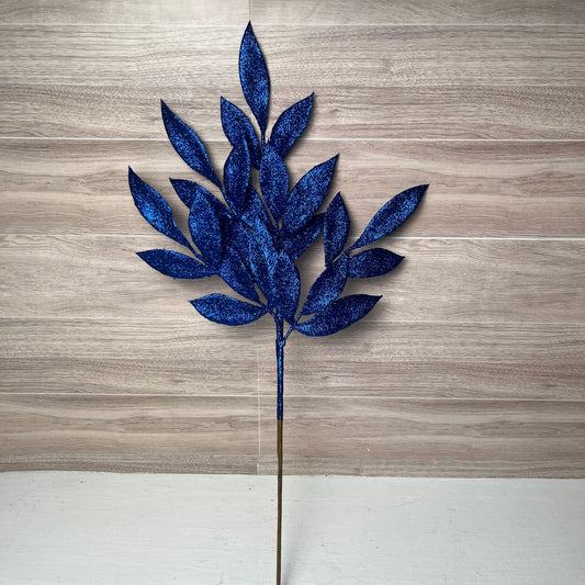 22" Blue Glitter Bay Leaf Spray