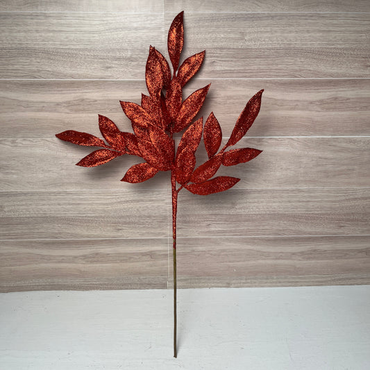 22" Red Glitter Bay Leaf Spray