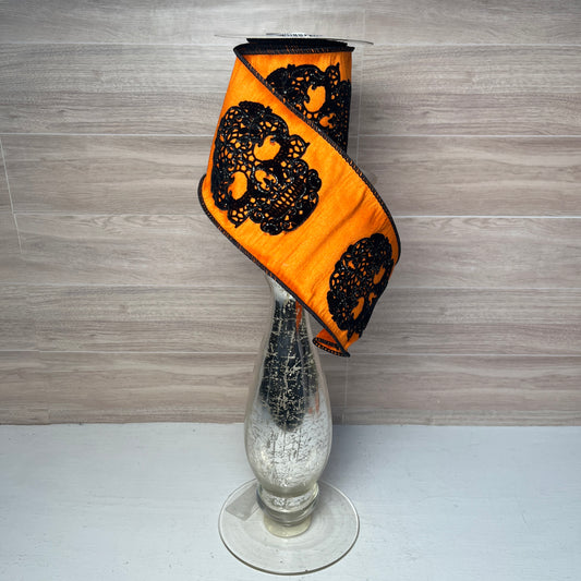 4"x5yd Orange Lace Skull Glitter
