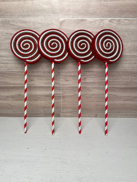 Faux Gingerbread Handmade Small Lollipops - (4)  Red, White, Brown