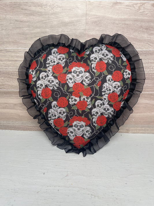 8.5" Skulls, Red Roses & Black Lace Trim Heart Attachment