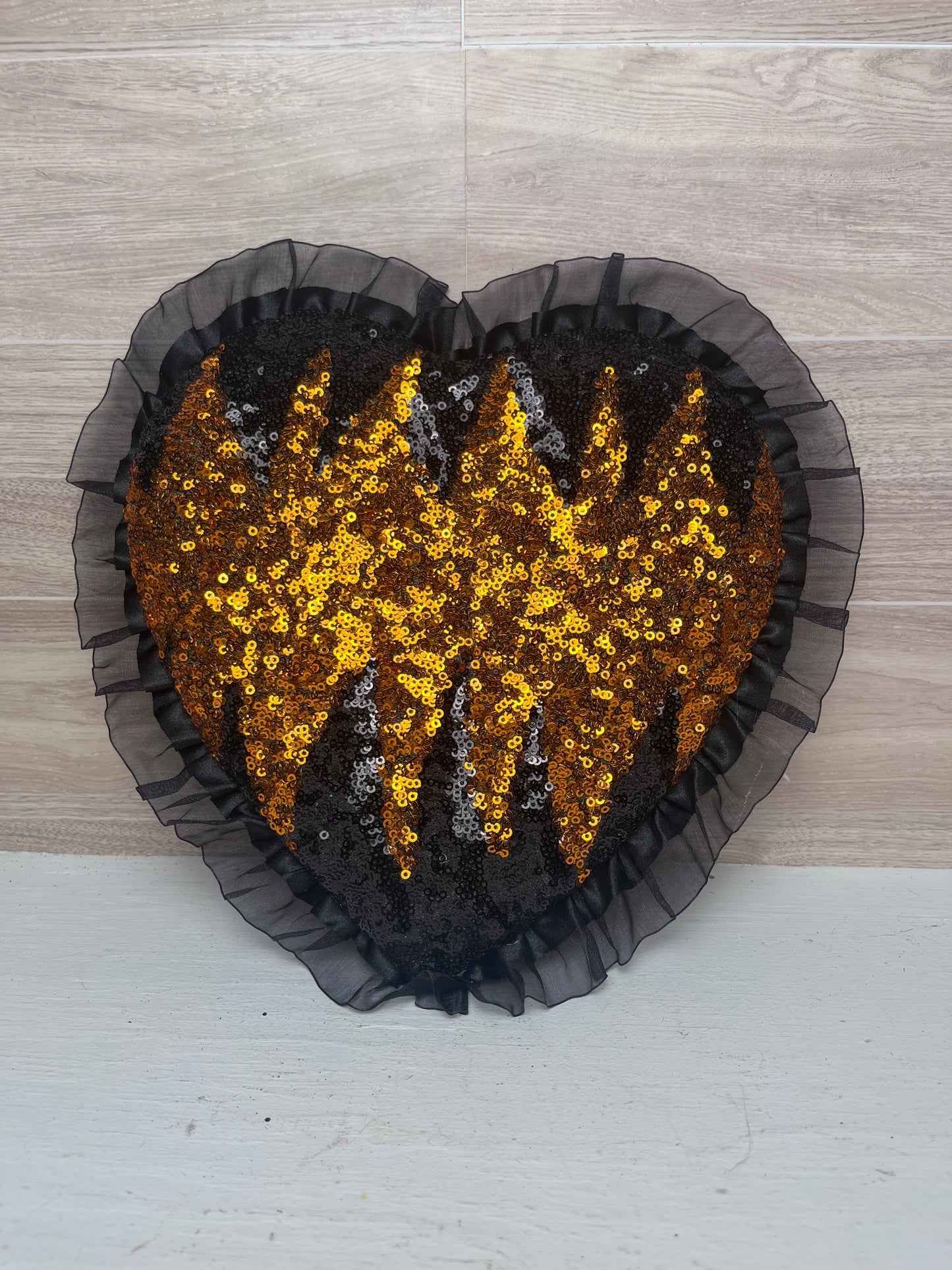 8.5" Halloween Themed Sequin Glam Orange and Black Heart