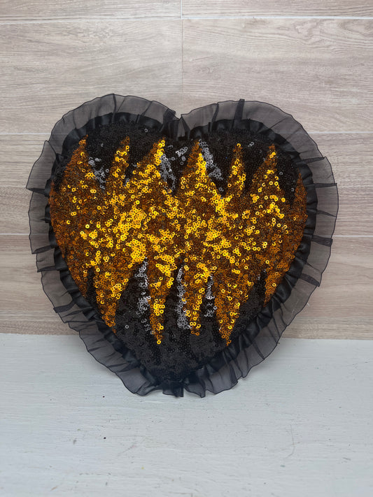 8.5" Halloween Themed Sequin Glam Orange and Black Heart