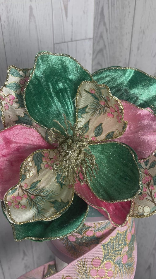 9"DIA X 5"H HOLLY MAGNOLIA W/CLIP- Sage Pink Ivory